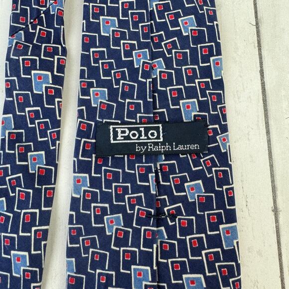 VTG Polo Ralph Lauren Blue/White Silk Handmade Geometric Neck Tie USA - Picture 5 of 11